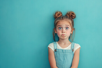 Confused expression model shoot, child looking puzzled wide eyed raised eyebrows expressive photoshoot, clean background, generated ai