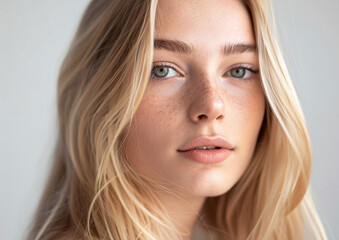 Fototapeta premium Young natural beauty woman with blonde hair and no makeup skin on light background.Macro.AI Generative.