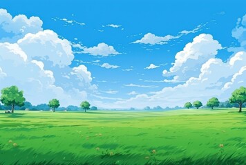 Obraz premium A Lush Green Meadow Under a Blue Sky with Puffy White Clouds