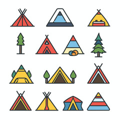 Collection colorful vector tents designs camping outdoors. Icons include different styles shapes tents, trees environment context. Ideal graphics camping gear, outdoor activities, adventure themes