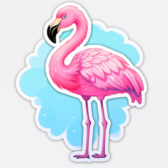 Cute pink flamingo bird sticker on white background