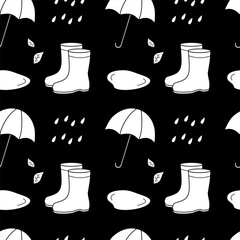 Autumn seamless pattern with umbrella and rainy weather. Vector illustration. Rubber boots, puddles, raindrops, leaves. Drawing of autumn elements, clothes and objects.
