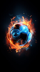 Football ( soccer) ball on fire on black background