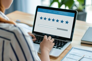 A person using a laptop to leave an online review, emphasizing customer feedback, online ratings, and digital interaction.