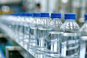 A row of plastic bottles on a water bottling production line, showcasing industrial manufacturing and packaging processes.