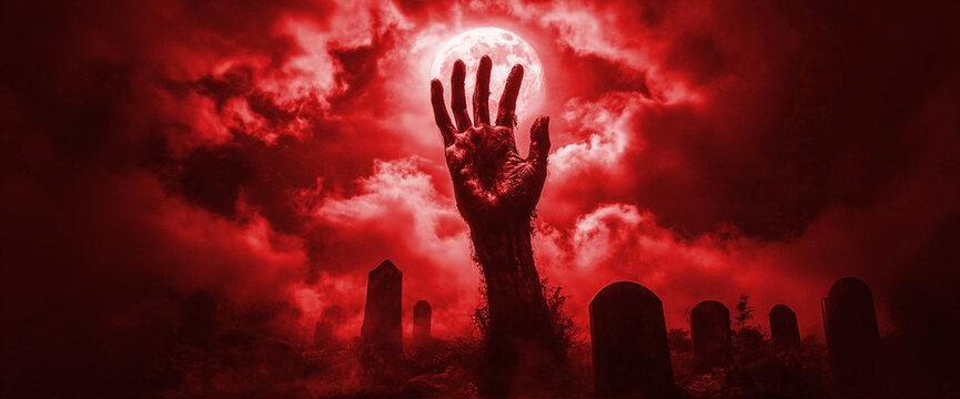 Zombie hand rising from the grave, night cemetery background full moon fog clouds, horror scene, scary atmosphere, creepy, tombstones in view, hyper realistic photography