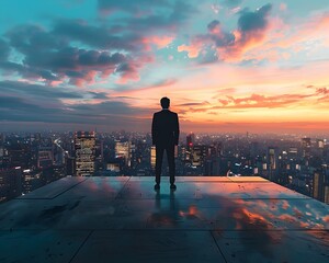 Silhouetted Businessman Standing on City Rooftop Overlooking Dramatic Skyline at Sunset