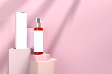 There is a spray bottle alongside a box, both placed on a pink background mockup 3d render