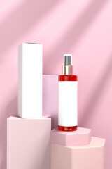 There is a spray bottle alongside a box, both placed on a pink background mockup 3d render