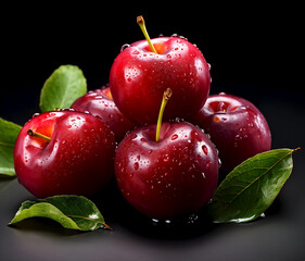 Fresh red plums on dark background