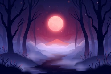 Fototapeta premium a mysterious fog rolling over a moonlit night landscape.
