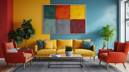 A modern living room with a yellow sofa, two red armchairs, and a colorful abstract painting on the wall.  The room has bright, bold colors and a stylish, minimalist aesthetic.
