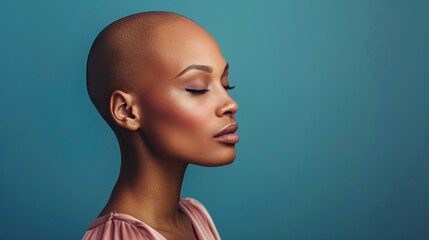 A bald woman poses gracefully with eyes closed, showcasing natural beauty and confidence against a serene backdrop