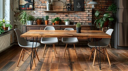 Stylish Wooden Table with Hairpin Legs in Trendy Urban Apartment Showcasing Product Concept