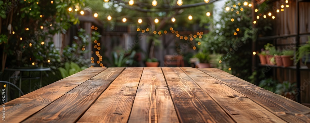 Poster rustic wooden table with weathered finish on outdoor patio with string lights and greenery empty tab