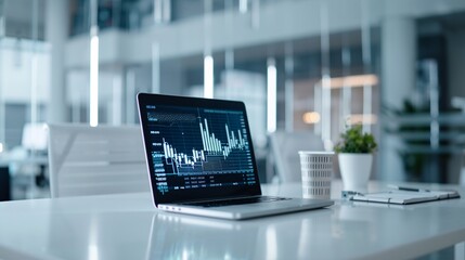 Editorial image showcasing a smart office for investment management, IoT devices tracking market trends, interactive and collaborative workspace, modern and efficient