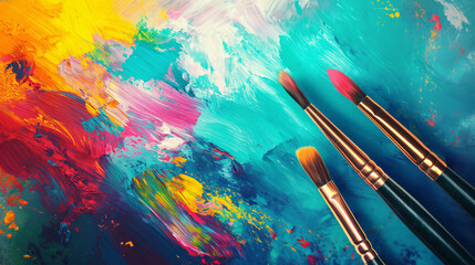Obraz premium Brushes and paints on a colored canvas. Colorful creative background, concept: art, creativity, inventive and creative mind.