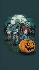 The halloween pumpkins and gnome for the festival. Zombies are all fund to chasing pumpkins while gnome riding on the waves. Suitable for wallpaper, wall art, phone case design or many more.