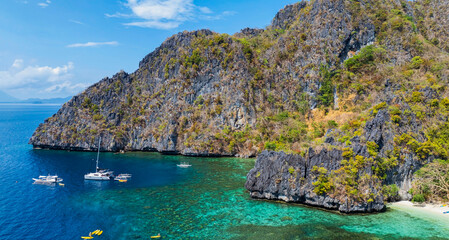 Coron, Palawan, Philippines, aerial view of beautiful lagoons and limestone cliffs.