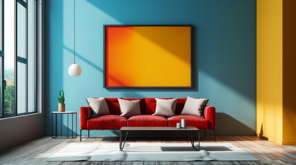 A modern living room with a red velvet sofa, a black coffee table and a large abstract painting on the wall. The room is painted in a vibrant teal and yellow color scheme, creating a stylish and eclec