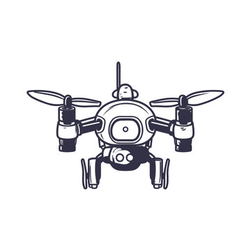 recommend clip art: A stylized black and white illustration of a drone with four propellers.