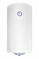 Big modern tanked combination boiler. Large regular household budget water heater. Common electric storage tank water heater. Conventional Energy-efficient home heating system on white background