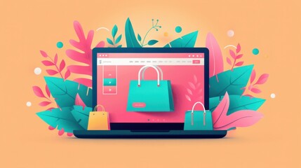 E-commerce website, stylish homepage with product categories, flat design illustration