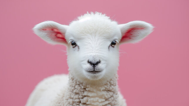 A cute lamb with fluffy fur is set against a soft pastel pink background. The close-up highlights the sheep&rsquo;s adorable features and the texture of its wool.