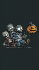 The halloween pumpkins and gnome for the festival. Zombies are all fund to chasing pumpkins while gnome riding on the waves. Suitable for wallpaper, wall art, phone case design or many more.