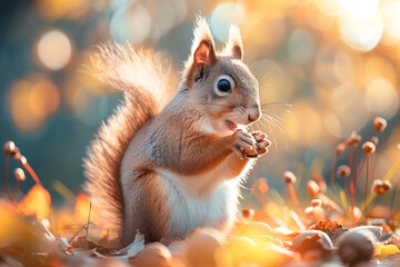 Obraz premium A squirrel nibbling on a nut amidst a carpet of autumn leaves, with soft sunlight highlighting its fur, capturing a moment of simplicity and survival.