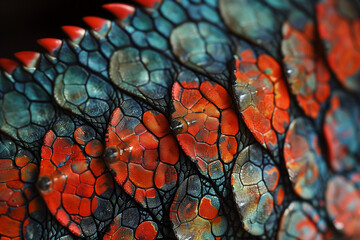 A macro shot of a lizard's skin highlights the intricate pattern and texture of the scales. The close-up view reveals the detailed, rough, and layered structure, showcasing the natural beauty.