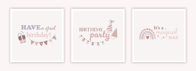 Fototapeta premium Set of birthday greeting card or party invitation in trendy flat design. Сollection of holiday illustration with lettering. Greeting concept set. Vector Illustration. 