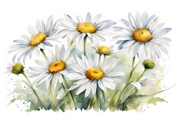 Fototapeta premium Watercolor ox-eye daisy flowers white background, AI Generated