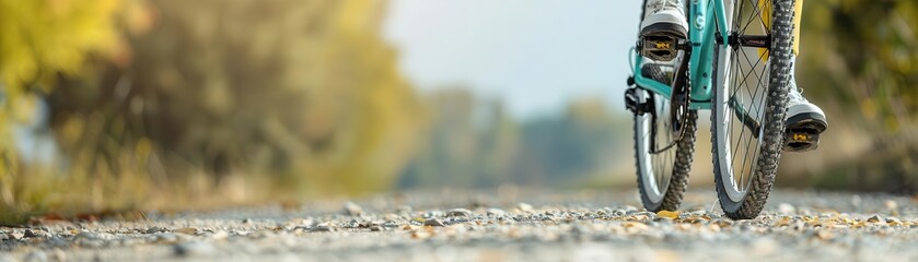 Close-up of a cyclist riding on a gravel road, with the background blurred to emphasize motion and speed.