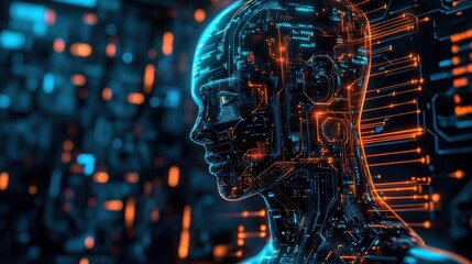 Close-up of a futuristic AI interface with a glowing neon circuit board background, highlighting the intricate details of artificial intelligence technology in a high-tech setting 