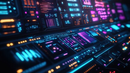 Obraz premium Close-up of an AI control panel with neon light accents, showcasing the interface and complexity of artificial intelligence systems in a high-tech, dimly lit control room 