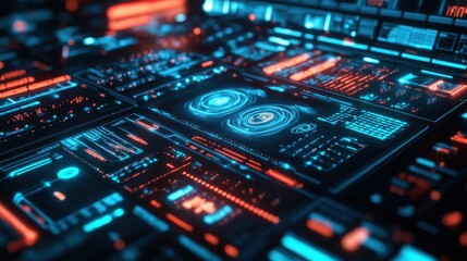Close-up of an AI control panel with neon light accents, showcasing the interface and complexity of artificial intelligence systems in a high-tech, dimly lit control room 