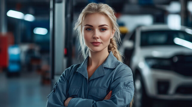 A female technician with a trustworthy and friendly expression in an auto repair shop, Generative AI