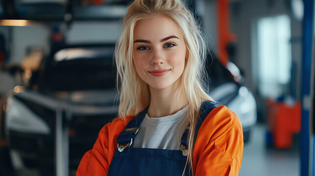 A female technician with a trustworthy and friendly expression in an auto repair shop, Generative AI