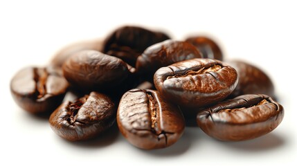 Fototapeta premium Close-up of roasted coffee beans on a white background. Perfect for coffee-related themes, food blogs, or culinary publications.