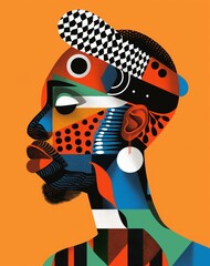 A colorful and abstract portrayal of a man's profile filled with geometric designs and rich hues