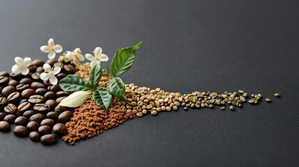 Assorted coffee beans, ground coffee, and raw beans arranged with flowers and leaves on black background. Perfect for illustrating coffee culture.