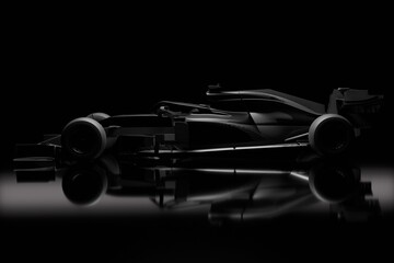 Side view of F1 3d race car in black studio lighting
