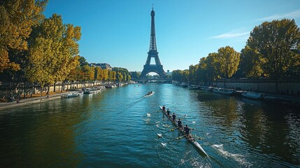 A peaceful scene of rowers on the Seine River with the Eiffel Tower in the background