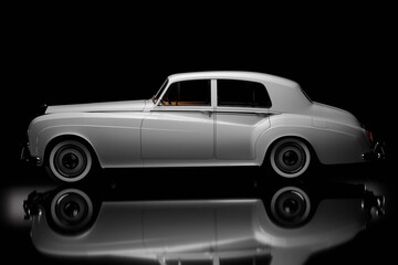 side view of vintage car in black studio lighting