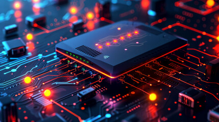 A close-up of a futuristic circuit board illuminated by vivid neon lights, showcasing advanced technology and digital innovation.