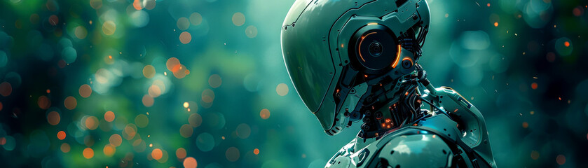 A futuristic robot stands in a vibrant, dreamy forest, illuminated by soft, enchanting lights and surrounded by lush greenery.