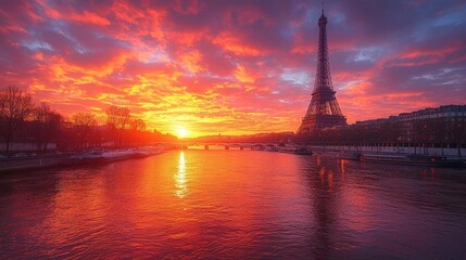 Fototapeta premium A serene sunset over the Seine River with the Eiffel Tower in view