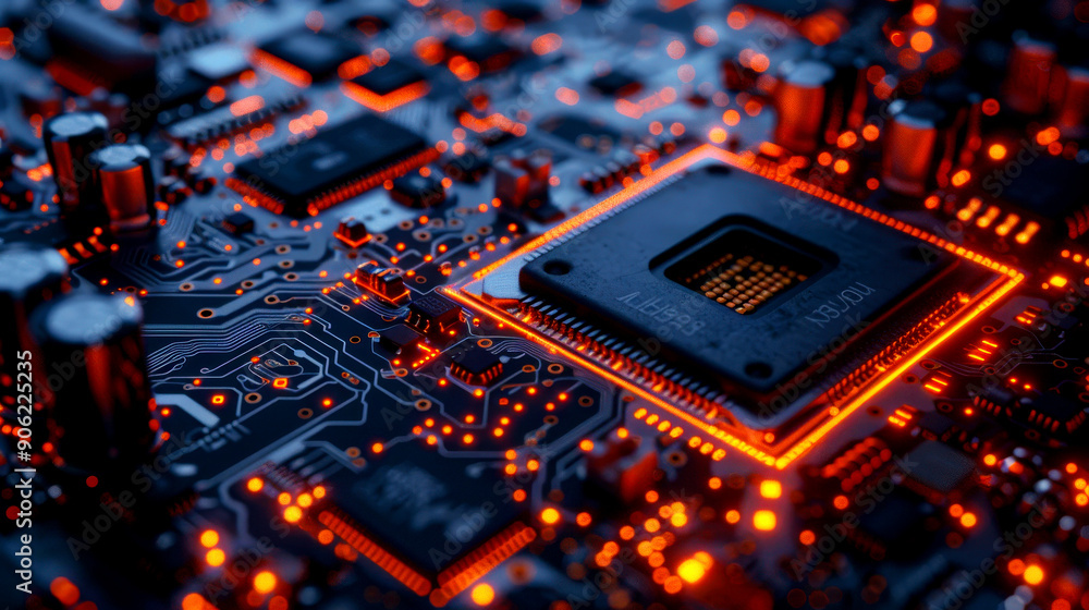 Poster close-up view of a detailed computer circuit board with glowing lights highlighting intricate electr