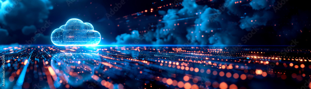 Poster futuristic digital landscape with glowing cloud and data streams, representing technology, cloud com